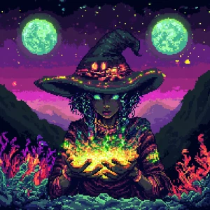 Create a 16-bit style image of an alien witch on an extraterrest...