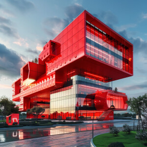 A big building, ‘red mad robot’ office. Lego