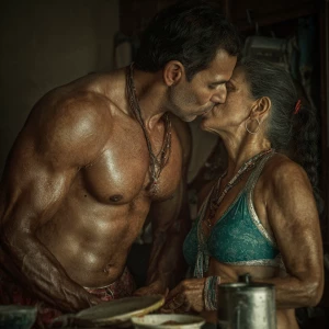 hyperRealism photo painting.a muscular sweaty indian employer ma...