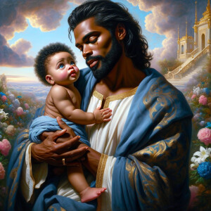 Classical oil painting style depicting an African-American Jesus...