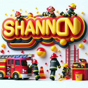 Name "Shannon" in red and yellow bubble font with fire engines a...