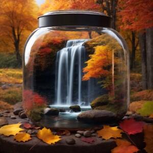 Create a detailed and realistic image of a scenic waterfall surr...