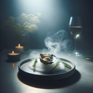 Generate a picture of a delicious oyster on a misty plate