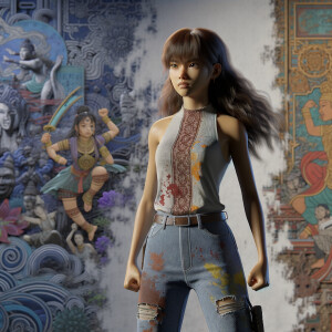 Athletic Thin skinny Attractive, Asian teenage girl, long brown hair and bangs, wearing tight skinny jeans and a halter top paint marks on her clothing, heroic pose Asian graffiti background