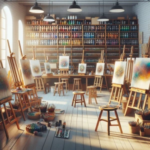 Design an artist's studio, well-lit and spacious, featuring seve...
