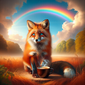 fox drinking coffee, rainbow