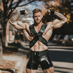 In this image, a muscular man is posing on an outdoor street, fl...