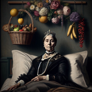 A basket of fruit hanging above a bed queen Victoria