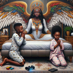 An oil painting of two African-American children with dark skin,...