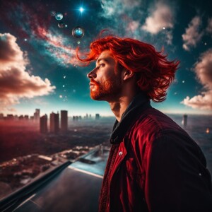 A cosmic handsome guy  with red hair  on the surface of a gas gi...