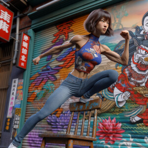 Athletic Thin skinny Attractive, Asian teenage girl, long brown hair and bangs, wearing tight skinny jeans and a halter top paint marks on her clothing, heroic pose Asian graffiti background, straddling a backward chair