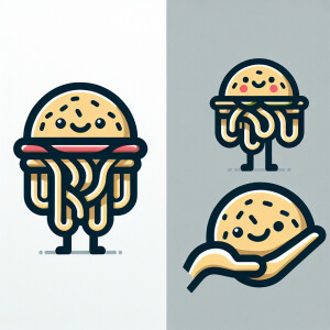a mascot who is a burger with noodles as hands