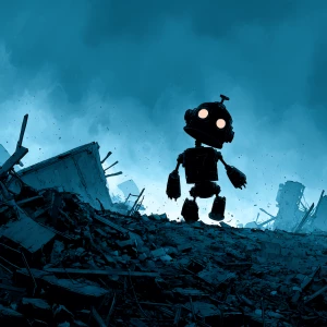 Small all-black silhouette of robot moves
through the wreckage,...