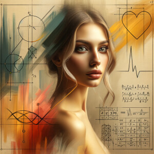 Abstract, minimalist, painting, with pencil line, paint stroke, gestures, colorful marks, mathematical equations, electrical cardiogram, printouts complex math formulas, dna asian teen girl