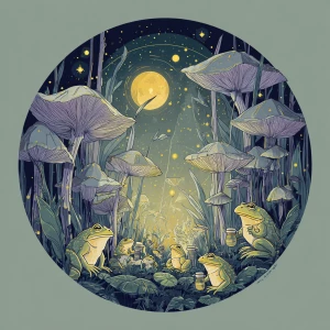 Detailed nighttime forest scene: a circle of mushrooms glowing u...