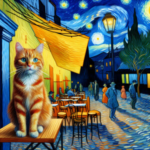 An orange cat sitting on the table in a café Terrace by Vincent...