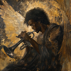 Black man angel looking at the earth with a trumpet