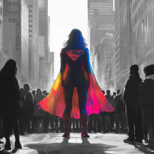 A crowd huddles on the monochrome street, their attention fixed...