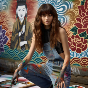 teenage girl, long brown hair and bangs, wearing tight skinny jeans and a halter top paint marks on her clothing, heroic pose Asian graffiti background, nearing on one knee