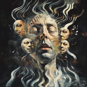 Create an image depicting a man experiencing schizophrenia, with...