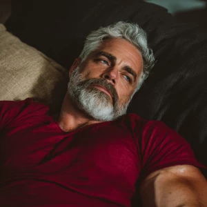 The image shows two muscular bodybuilders men lying on a couch,...