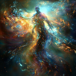 A shimmering, ethereal figure drifts through a swirling abyss of...