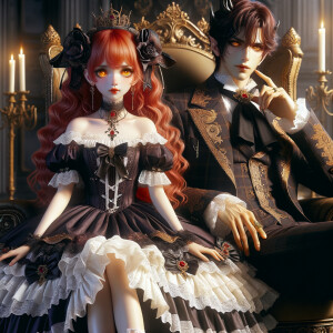 A girl with elegant gothic lolita dress sit beside handsome Lucifer, the girl has red wavy hair and golden eyes, thrones