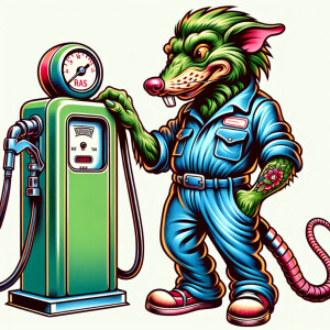 A  green rat fink in a mechanics jumpsuit, standing next to a ga...