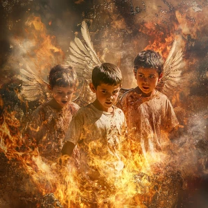 Create image of three Hebrew boys and an angel surrounded by flames but are unharmed