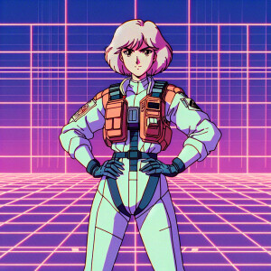 1990s anime screencap, girl a plugsuit, standing with hands on h...