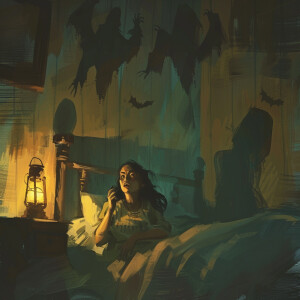 AI Image: Sarah, in bed, startled and holding a lantern as shado...