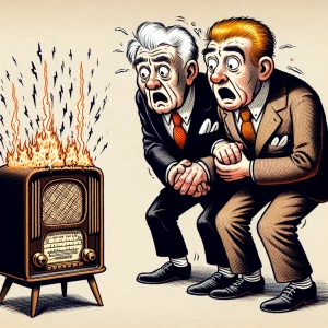 Donald Trump and Joe Biden listening to a radio blasting out sma...