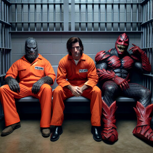 This image shows three superhero characters, namely Venom, Spide...