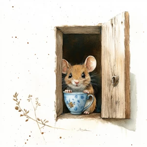Mouse peeking out of a  small open wooden door, watercolor, hold...