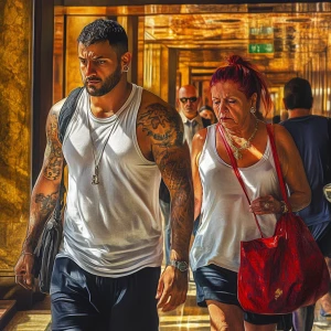 Photorealism,A sweaty tattoed muscular man walking with his 54...