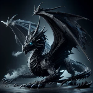 a black dragon with sleek, dark scales that shimmer with subtle...