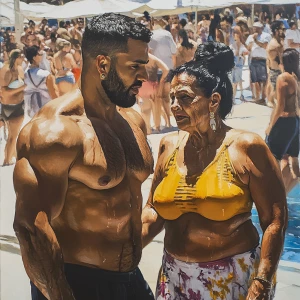 Realism  painting,a muscular beefy sweaty man  walking with his...