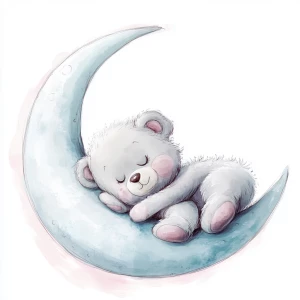 A cute, cartoon teddybear lies on a stylized, rosy-pink crescent moon. The teddy bear is light gray with large, round, pink-spotted ears.  Its body is round and he has expressive eyes.  its facial expression is happy and friendly. The teddy bears leg and foot are visible, and its posture is relaxed, lying down in the curve of the moon. it's stomach is lying down on the moon with left arm and leg showing hanging down. The moon is a soft, shaded blue, with watercolor-like texture and subtle shading. The background is white. The image is in a child-friendly style, showcasing delicate line work and color palettes. The composition is centered on the teddy bear which is positioned lying slumped face down on  the moon, giving the moon a hug with closed eyes. The overall style is sweet, whimsical, and reminiscent of children's book illustrations.  The colors are pastel and soothing, creating a gentle atmosphere.