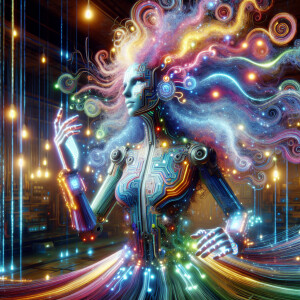 A whimsically eccentric virtual influencer with swirling technic...