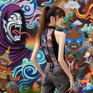 Attractive, Asian teenage girl, long brown hair and bangs, weari...