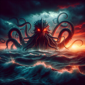 An enormous mythical kraken with glowing red eyes and sharp, men...