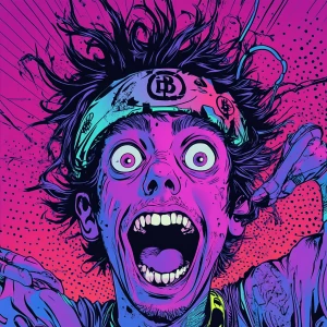 a wide-eyed, manic man with wild hair and huge pupils, open-mout...