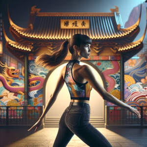 Athletic Thin skinny Attractive, Asian teenage girl, long brown hair and bangs, wearing tight skinny jeans and a halter top paint marks on her clothing, heroic pose Asian graffiti background, backside view