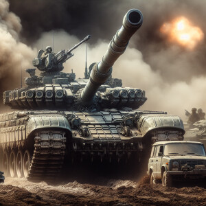 Large army tank firing upon a russian convoy