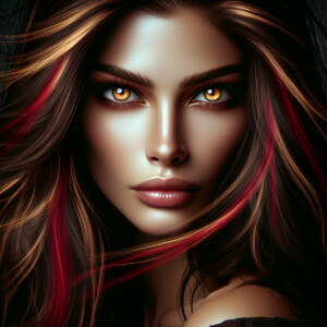 Head shot of a beautiful woman with bright golden eyes and long...