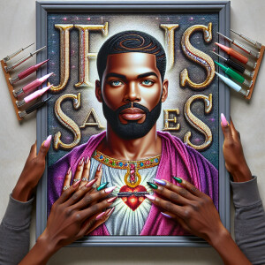 A 3D realistic artwork featuring the phrase 'Jesus Saves' adorne...