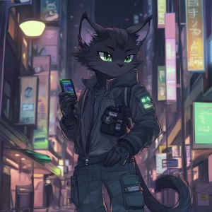 A humanoid cat character stands in a bustling cityscape at night...