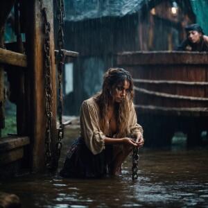 A drenched Wench clothes torn, squatting,  chained to a feeding...