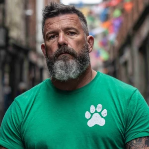 The image shows a middle-aged man with a full beard and short, d...