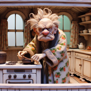 A whimsical realistic grumpy elder man with wrinkles with his ha...